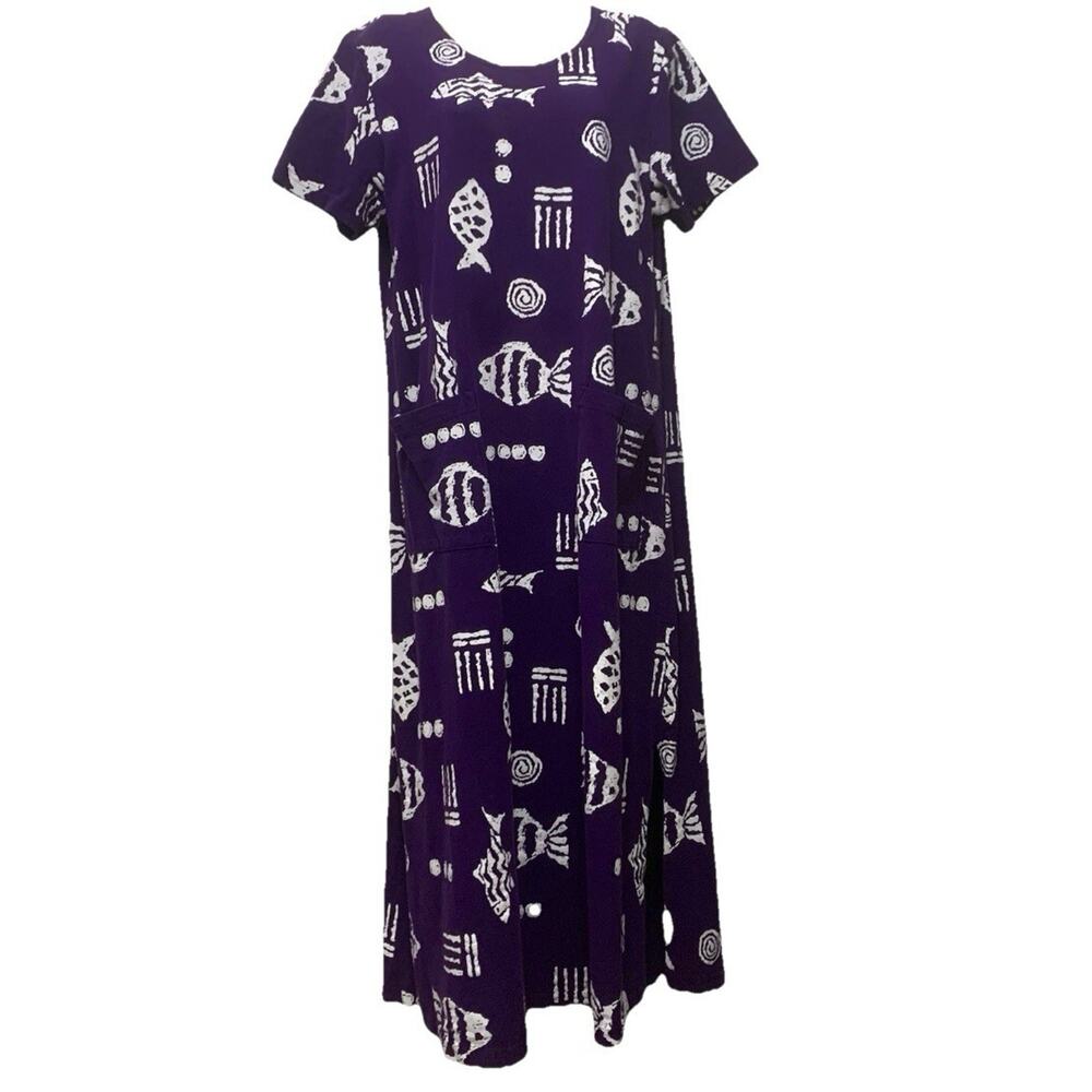 Vintage Rock Fish Maxi Dress Purple Cotton Knit Coastal Boho L
